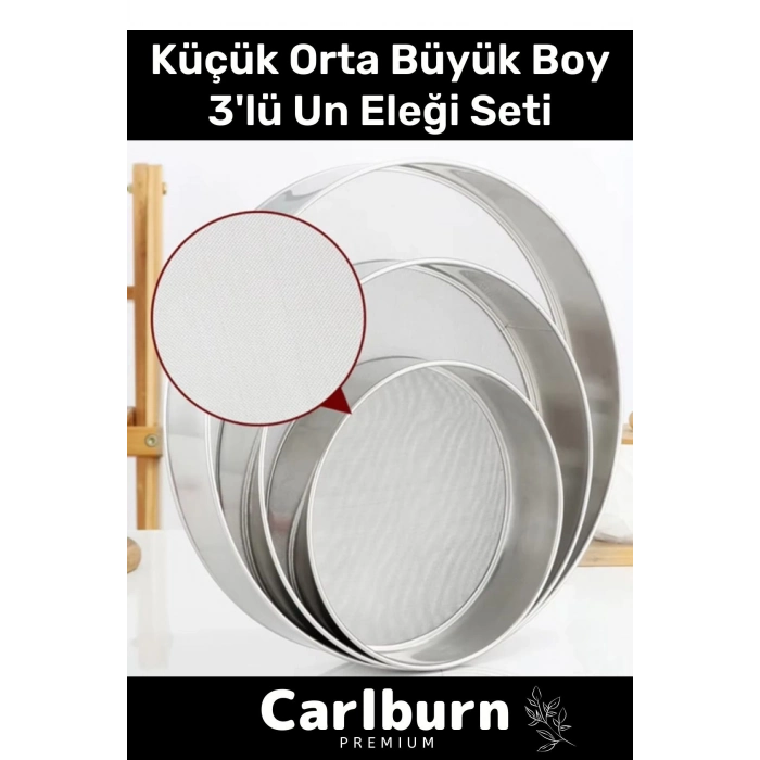 Premium Paslanmaz Çelik İnce Tel Örgülü Sağlam Küçük Orta Büyük Boy 3lü Un Şeker Pirinç Eleği Seti