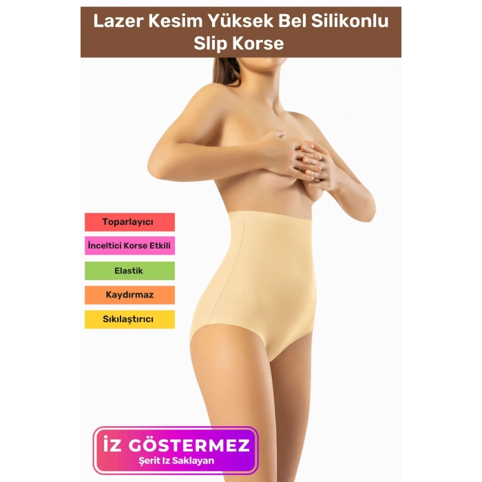 İz Göstermeyen Göbek Sıkılaştırıcı Popo Toparlayıcı Lazer Kesim Yüksek Bel Silikonlu Slip Korse Flex