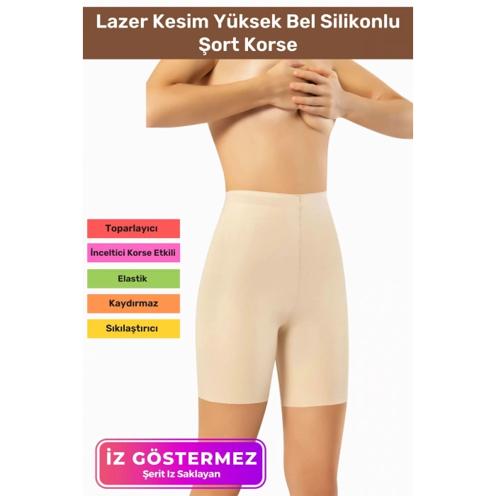 Kaymaz İz Göstermeyen Vücut Şekillendirici Toparlayıcı Lazer Kesim Yüksek Bel Silikonlu Şort Korse