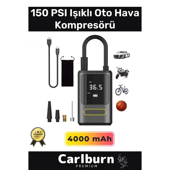 Premium Kablosuz Oto Araç Mini 4000mAh Powerbank 150 PSI Işıklı Aydınlatmalı Oto Hava Kompresörü