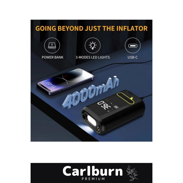 Premium Kablosuz Oto Araç Mini 4000mAh Powerbank 150 PSI Işıklı Aydınlatmalı Oto Hava Kompresörü