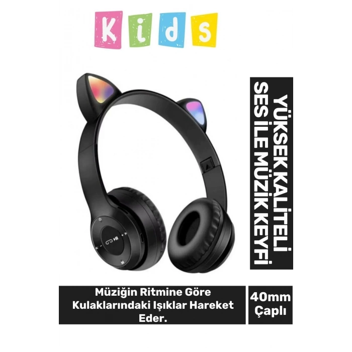 Gürültü Engelleyen Kız Erkek Çocuk Kedi Kulaklı Işıklı Mikrofonlu Kablosuz Bluetooth Kedili Kulaklık