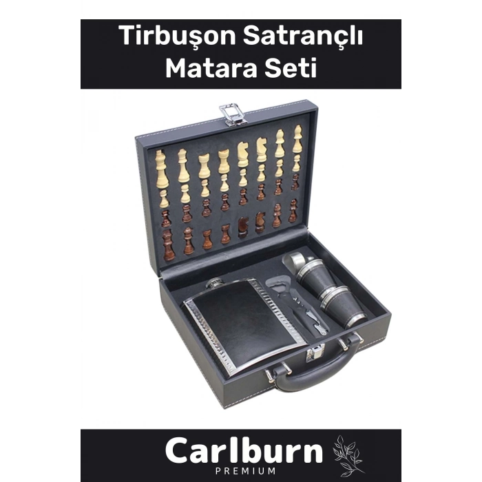 Paslanmaz Çelik 8.Oz 2 Shot Bardaklı Tirbuşon Ahşap Kutulu Satrançlı Alkol Deri Matara Seti 17*13 Cm