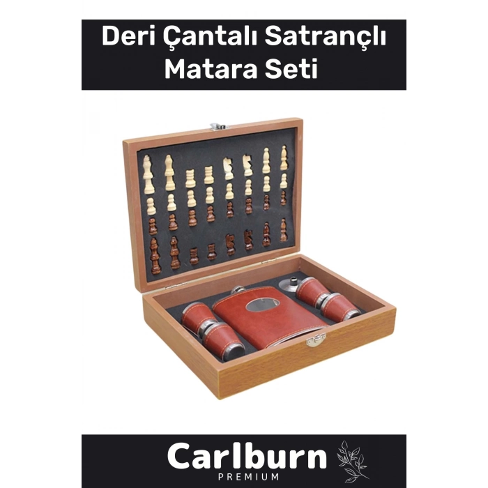 Premium Paslanmaz Çelik 8.Oz 4 Shot Bardaklı Ahşap Kutulu Satrançlı Alkol Deri Matara Seti 24*18 Cm