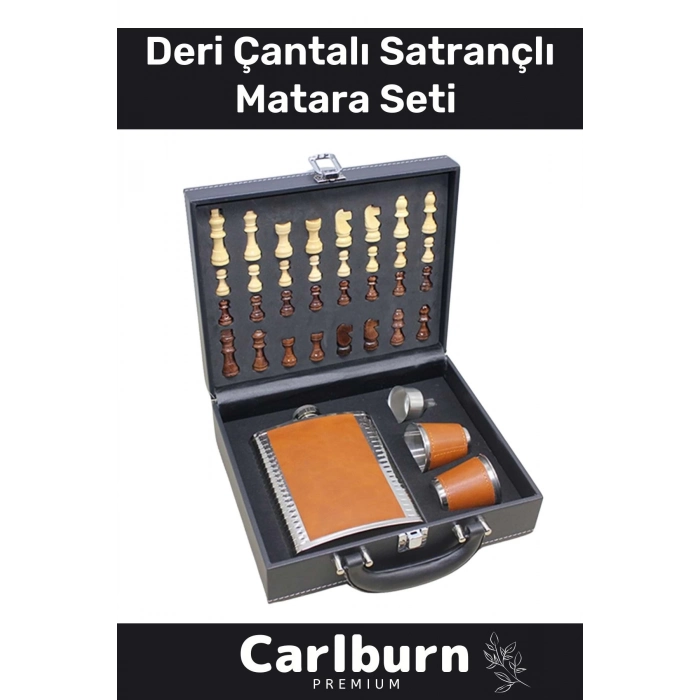 Premium Paslanmaz Çelik 8.Oz 4 Shot Bardaklı Ahşap Kutulu Satrançlı Alkol Deri Matara Seti 17*13 Cm