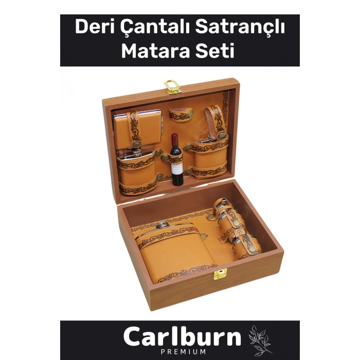 Premium Paslanmaz Çelik 8.Oz 4 Shot Bardaklı Ahşap Kutulu Satrançlı Alkol Deri Matara Seti 17*13 Cm