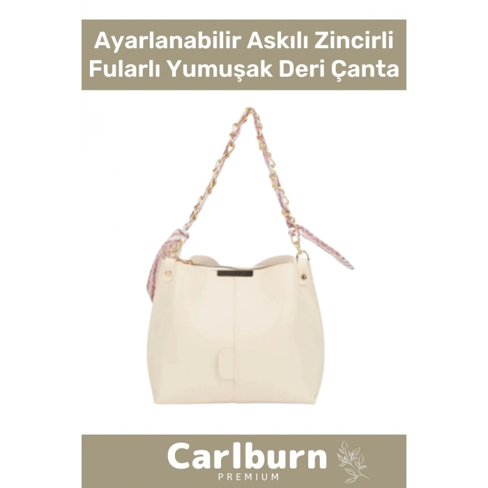 Özel Üretim 3 Bölmeli Ayarlanabilir Askılı Zincir Aksesuarlı Zarif Şık  Fularlı Yumuşak Deri Çanta