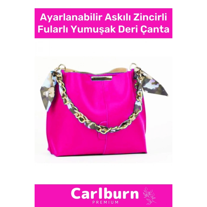 Özel Üretim 3 Bölmeli Ayarlanabilir Askılı Zincir Aksesuarlı Zarif Şık Fularlı Yumuşak Deri Çanta