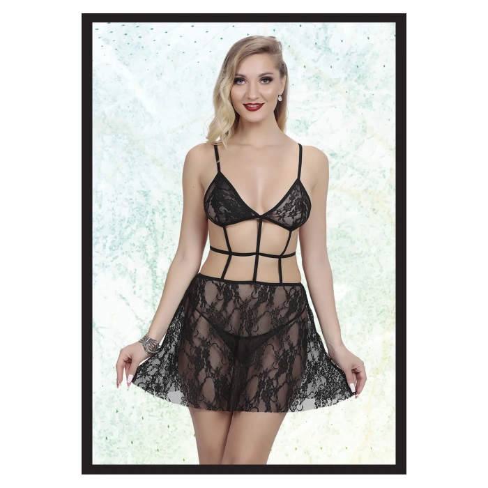 Özel Üretim Erotik Seksi Transparan İç Gösteren Zarif Şık Siyah Tül Dantel Fantezi Gecelik Takım