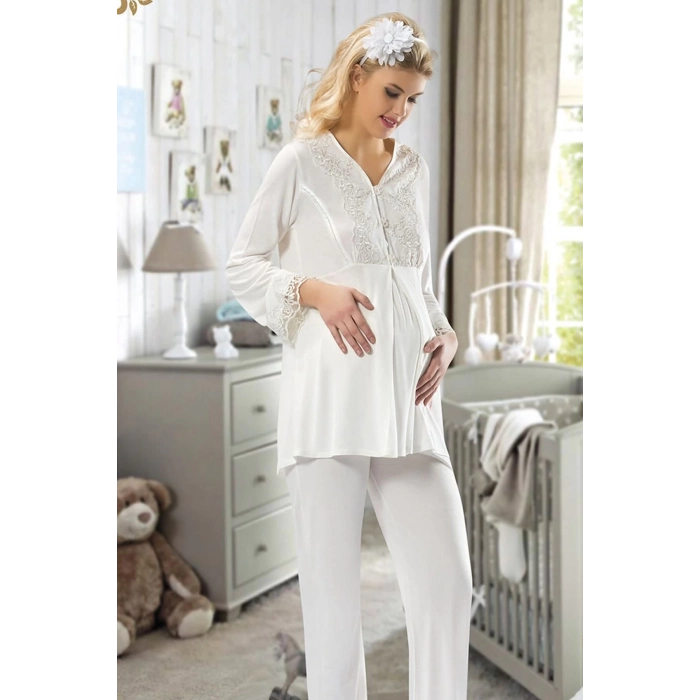 Özel Üretim Zarif Rahat Günlük Kullanım Doğum Sonrası Ekru Hamile Lohusa Pijama Takımı