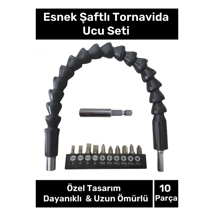 Özel Üretim 360 Derece Bükülebilen Manuel Tornavida Uyumlu Esnek Şaftlı 10 Parça Tornavida Ucu Seti