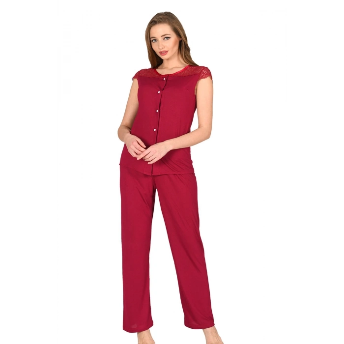 Yeni Sezon Rahat Çeyizlik Kadın Büyüleyici Şık Zarif Bordo Penye Pijama Takımı