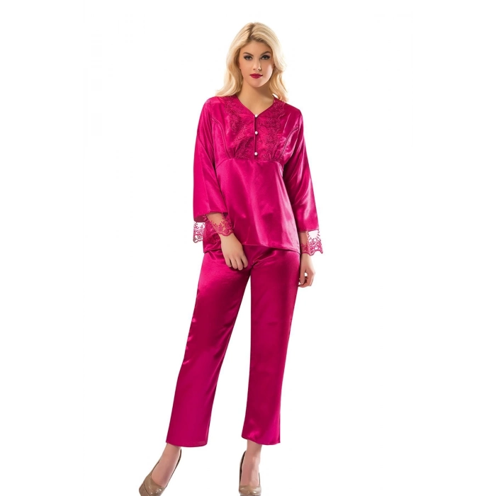 Yeni Sezon Rahat Çeyizlik Kadın Büyüleyici Şık Zarif Fuşya Saten Pijama Takımı