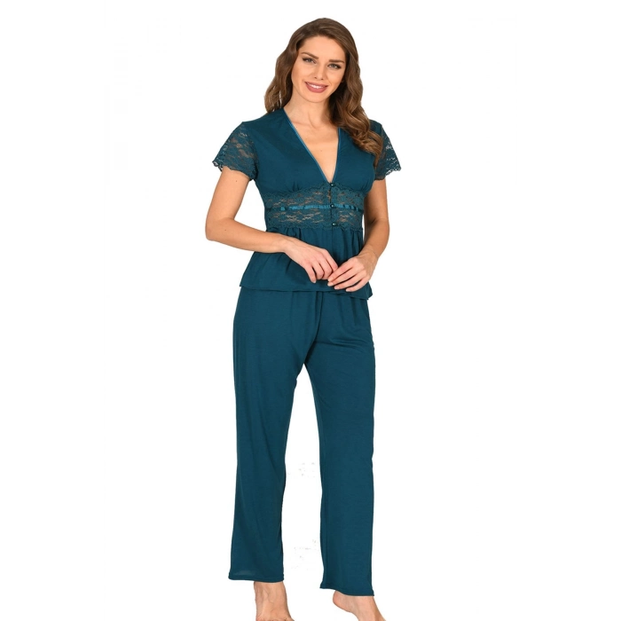 Yeni Sezon Rahat Çeyizlik Kadın Büyüleyici Şık Zarif Petrol Yeşili Penye Pijama Takımı