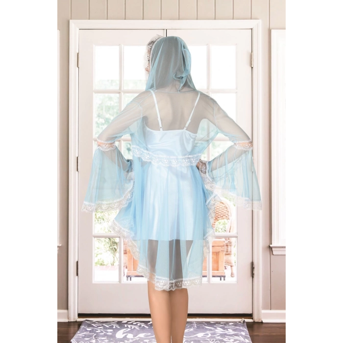 Yeni Sezon Rahat Zarif Kadın Büyüleyici Beyaz Turkuaz Tül Dantelli Sabahlık Gecelik Takım 2li Set