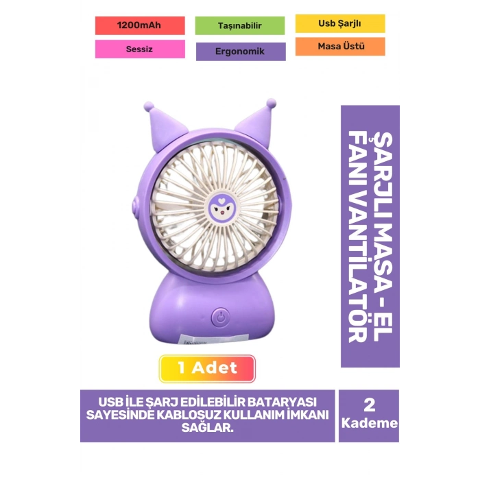 Sessiz 2 Kademeli Hafif Kablosuz 1200mAh Pervaneli Taşınabilir Usb Şarjlı Masa El Fanı Vantilatör