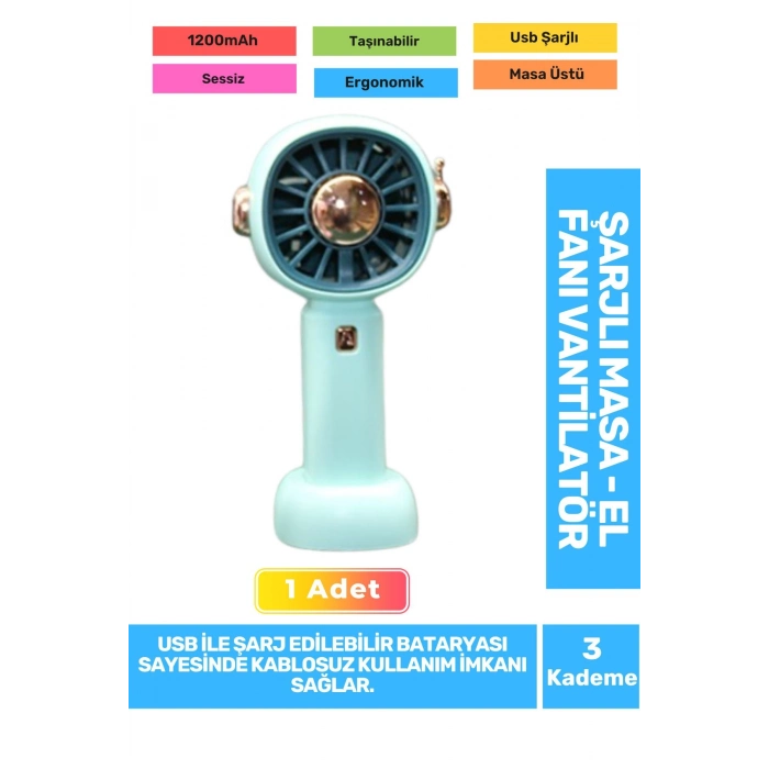 Sessiz 3 Kademeli Hafif Kablosuz 1200mAh Pervaneli Taşınabilir Usb Şarjlı Masa El Fanı Vantilatör