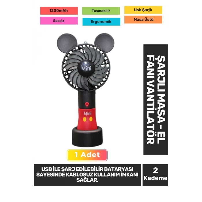 Sessiz 2 Kademeli Hafif Kablosuz 1200mAh Pervaneli Taşınabilir Usb Şarjlı Masa El Fanı Vantilatör