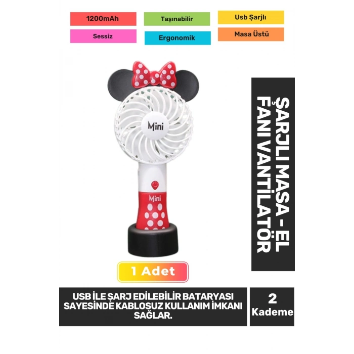 Sessiz 2 Kademeli Hafif Kablosuz 1200mAh Pervaneli Taşınabilir Usb Şarjlı Masa El Fanı Vantilatör