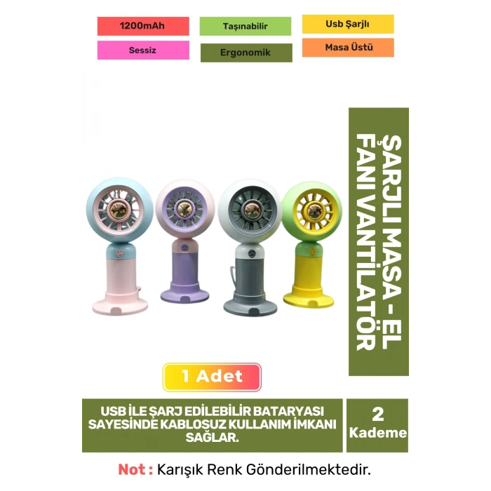 Sessiz 2 Kademeli Hafif Kablosuz 1200mAh Pervaneli Taşınabilir Usb Şarjlı Masa El Fanı Vantilatör