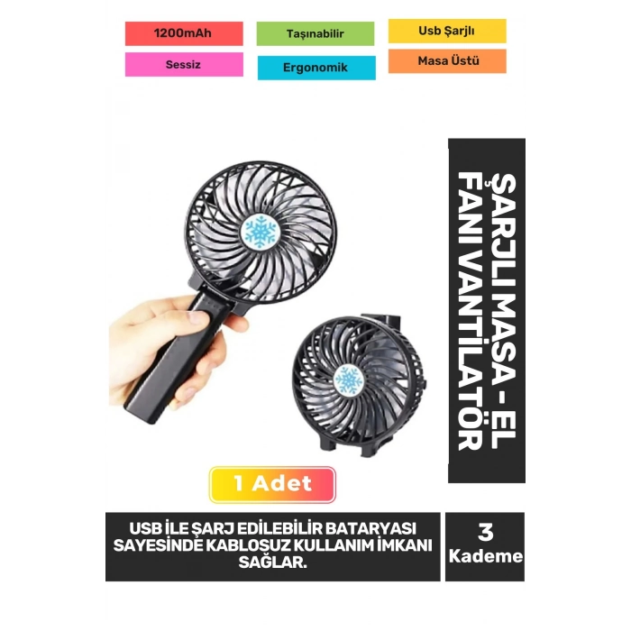 Sessiz 3 Kademeli Hafif Kablosuz 1200mAh Pervaneli Taşınabilir Usb Şarjlı Masa El Fanı Vantilatör