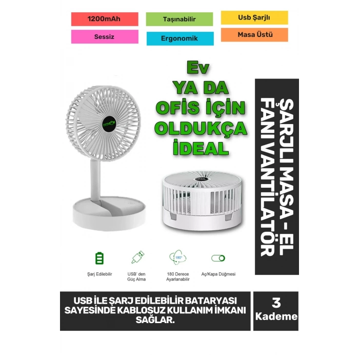 Sessiz 3 Kademeli Hafif Kablosuz 1200mAh Pervaneli Taşınabilir Usb Şarjlı Masa El Fanı Vantilatör