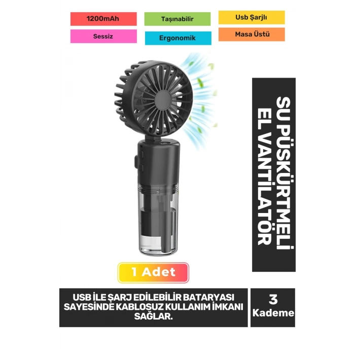 Sessiz 3 Kademeli Hafif Kablosuz Su Püskürtmeli Taşınabilir Usb Şarjlı Masa El Fanı Vantilatör