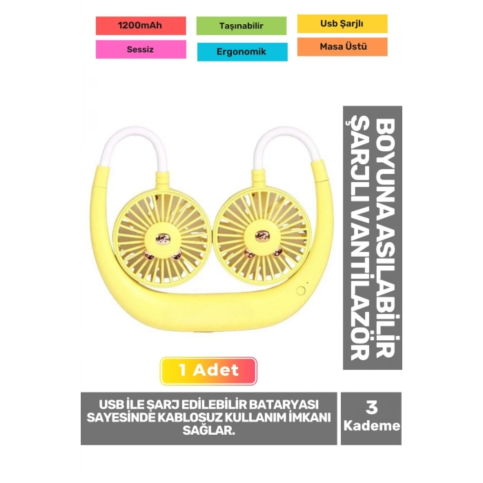 Premium Sessiz Sarı Eller Serbest Boyuna Asılabilir Şarjlı 3 Kademeli Vantilatör Klima Soğutucu Fan