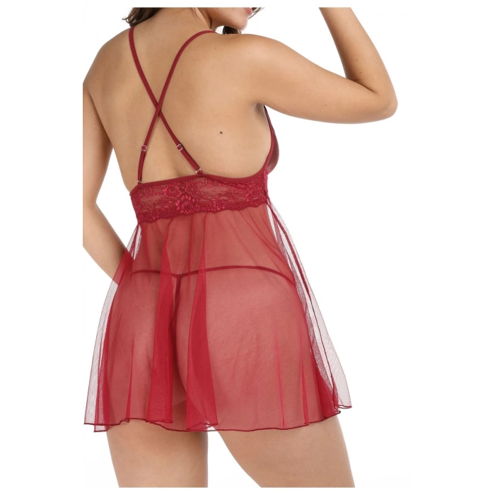 Yeni Sezon Fantezi İç Gösteren Transparan Seksi Zarif Kadın Şık Rahat Bordo Tül Geclik