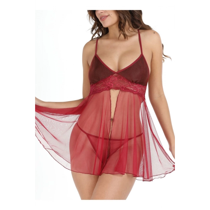 Yeni Sezon Fantezi İç Gösteren Transparan Seksi Zarif Kadın Şık Rahat Bordo Tül Geclik