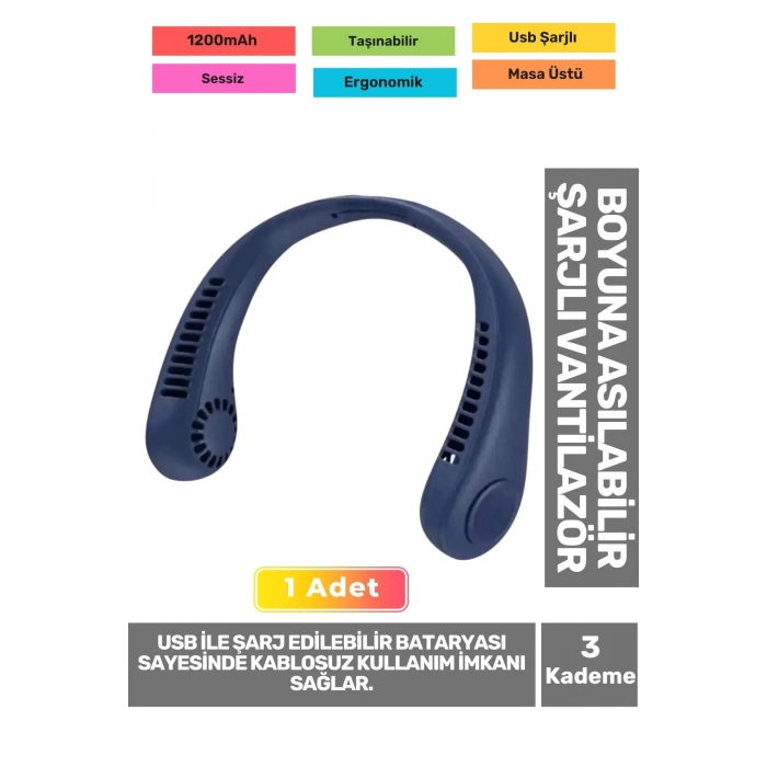 Premium Sessiz Sarı Eller Serbest Boyuna Asılabilir Şarjlı 3 Kademeli Vantilatör Klima Soğutucu Fan