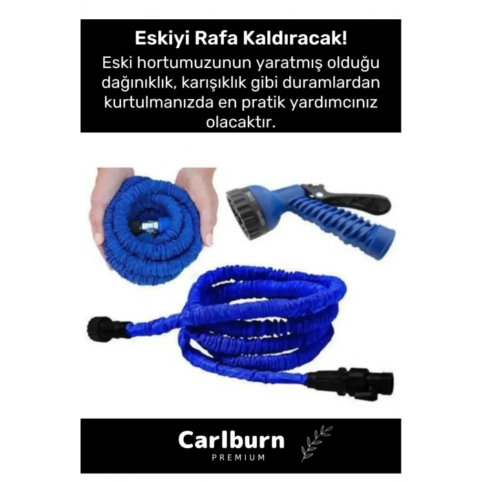 Premium Dolaşmaz Kırılmaz 7 Kademe Uzayan Bahçe Sulama Araç Yıkama Tabancalı 30 Metre Sihirli Hortum