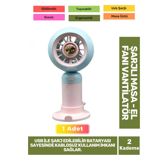 Sessiz 2 Kademeli Hafif Kablosuz 1200mAh Pervaneli Taşınabilir Usb Şarjlı Masa El Fanı Vantilatör