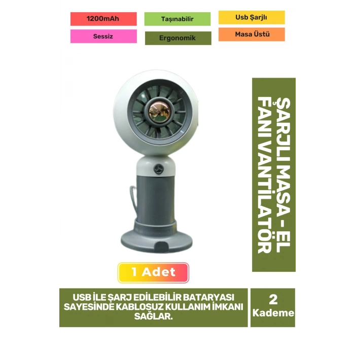 Sessiz 2 Kademeli Hafif Kablosuz 1200mAh Pervaneli Taşınabilir Usb Şarjlı Masa El Fanı Vantilatör