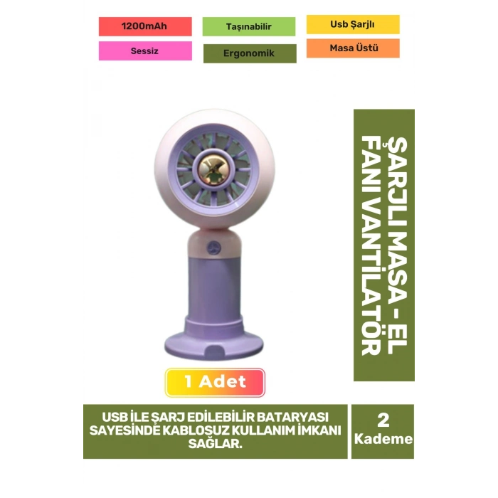 Sessiz 2 Kademeli Hafif Kablosuz 1200mAh Pervaneli Taşınabilir Usb Şarjlı Masa El Fanı Vantilatör