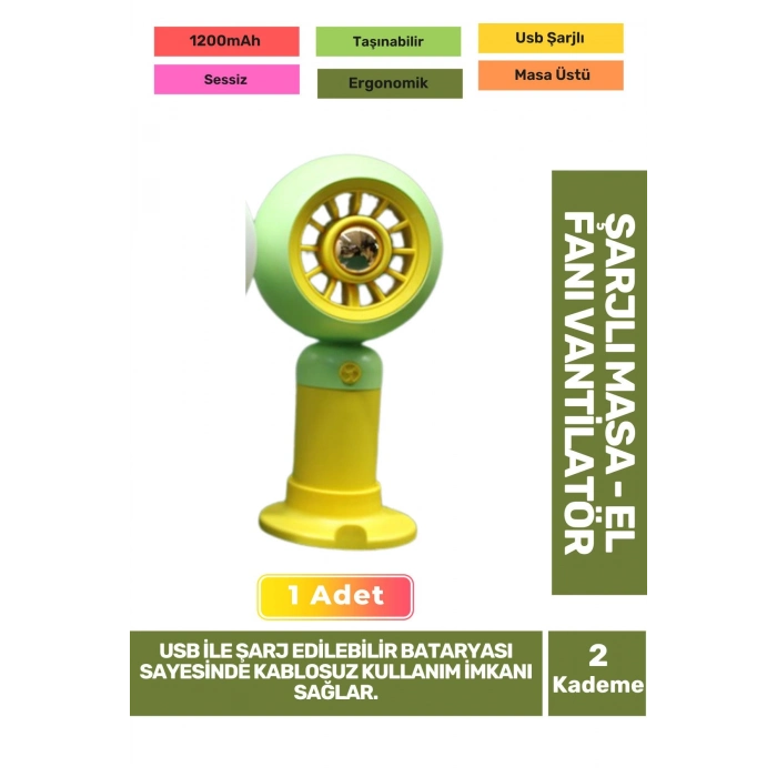 Sessiz 2 Kademeli Hafif Kablosuz 1200mAh Pervaneli Taşınabilir Usb Şarjlı Masa El Fanı Vantilatör