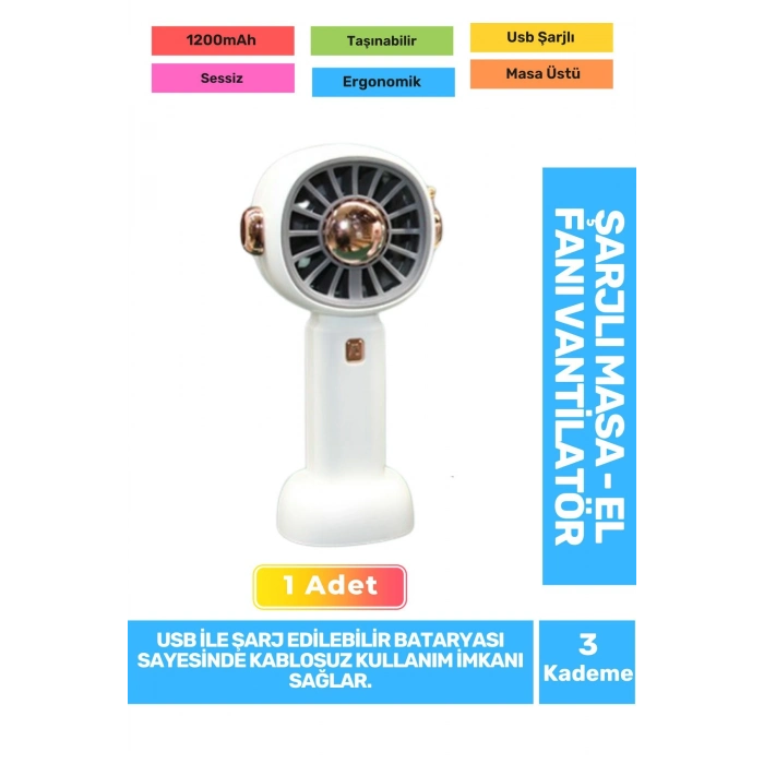 Sessiz 3 Kademeli Hafif Kablosuz 1200mAh Pervaneli Taşınabilir Usb Şarjlı Masa El Fanı Vantilatör