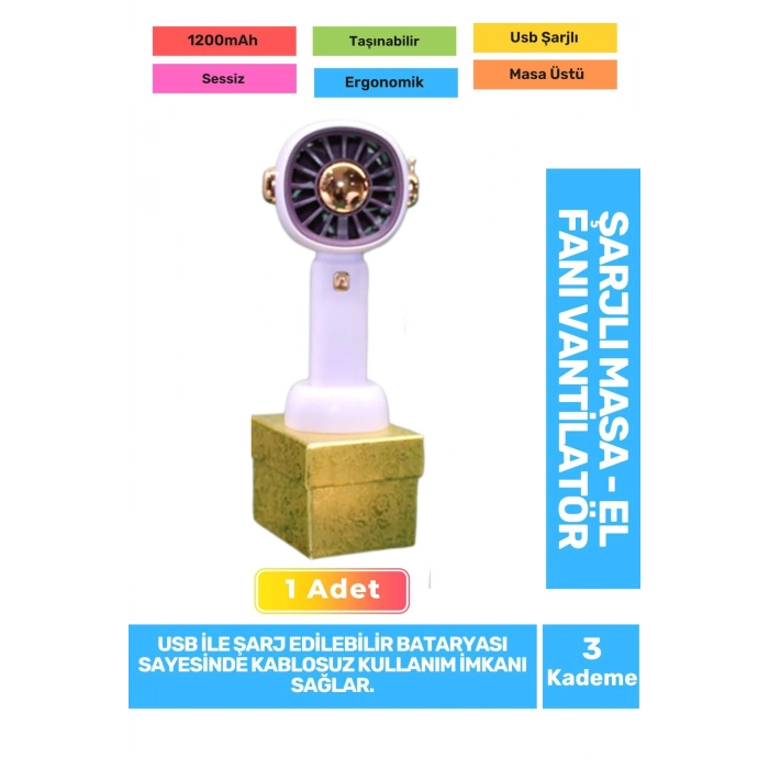 Sessiz 3 Kademeli Hafif Kablosuz 1200mAh Pervaneli Taşınabilir Usb Şarjlı Masa El Fanı Vantilatör