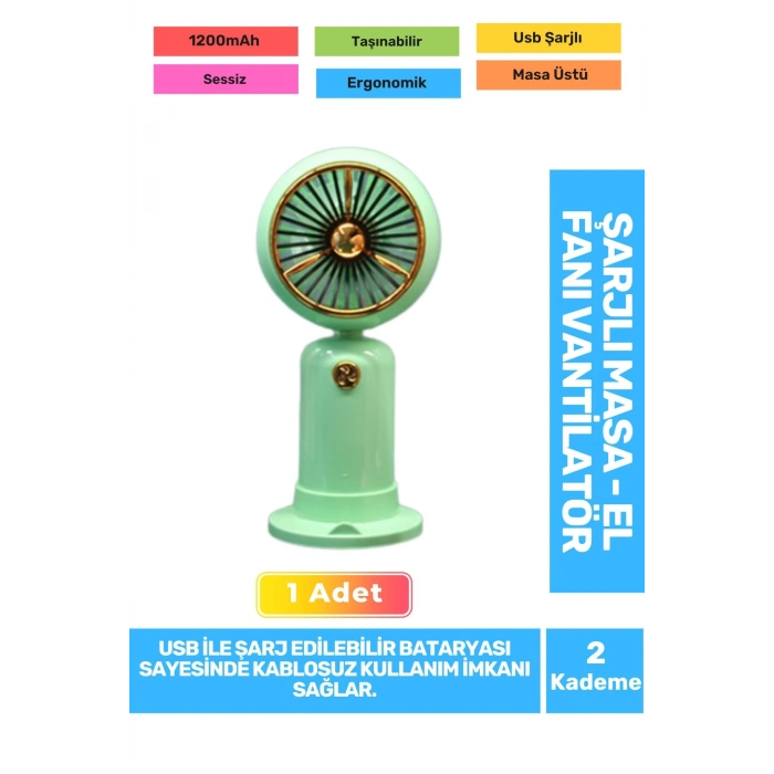 Sessiz 2 Kademeli Hafif Kablosuz 1200mAh Pervaneli Taşınabilir Usb Şarjlı Masa El Fanı Vantilatör
