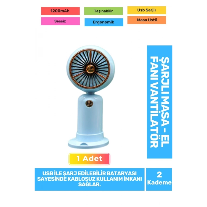 Sessiz 2 Kademeli Hafif Kablosuz 1200mAh Pervaneli Taşınabilir Usb Şarjlı Masa El Fanı Vantilatör
