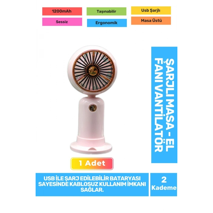 Sessiz 2 Kademeli Hafif Kablosuz 1200mAh Pervaneli Taşınabilir Usb Şarjlı Masa El Fanı Vantilatör