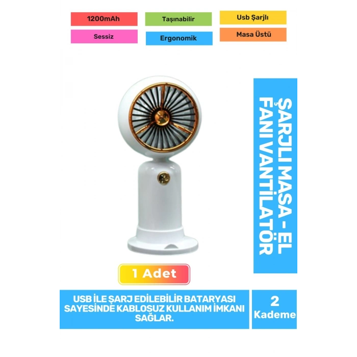 Sessiz 2 Kademeli Hafif Kablosuz 1200mAh Pervaneli Taşınabilir Usb Şarjlı Masa El Fanı Vantilatör