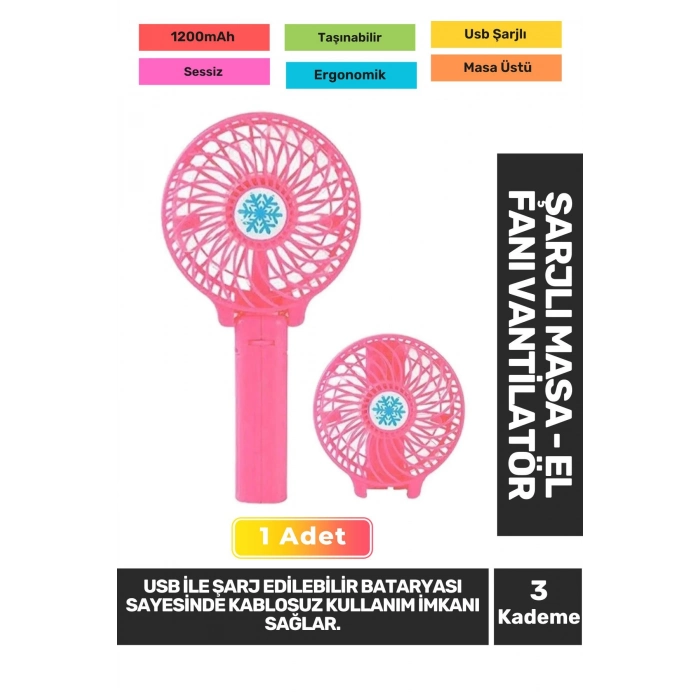 Sessiz 3 Kademeli Hafif Kablosuz 1200mAh Pervaneli Taşınabilir Usb Şarjlı Masa El Fanı Vantilatör