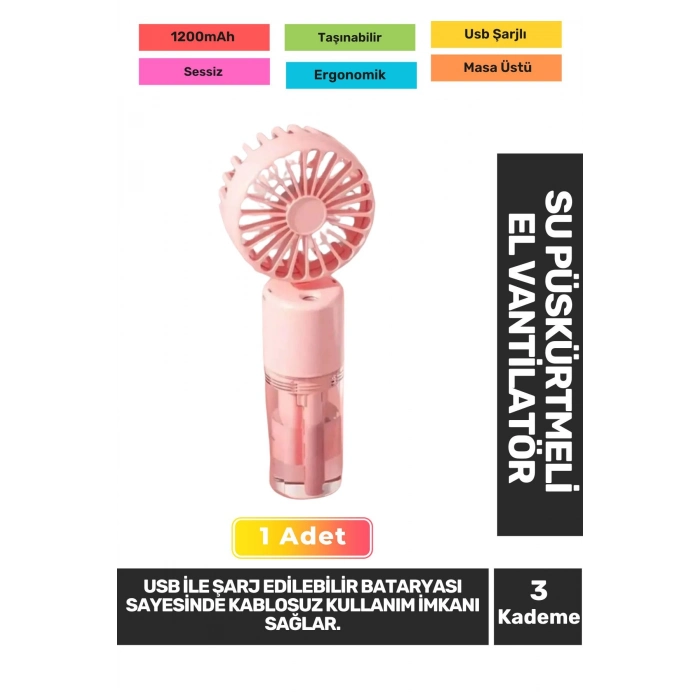Sessiz 3 Kademeli Hafif Kablosuz Su Püskürtmeli Taşınabilir Usb Şarjlı Masa El Fanı Vantilatör
