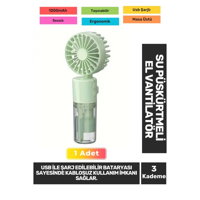 Sessiz 3 Kademeli Hafif Kablosuz Su Püskürtmeli Taşınabilir Usb Şarjlı Masa El Fanı Vantilatör