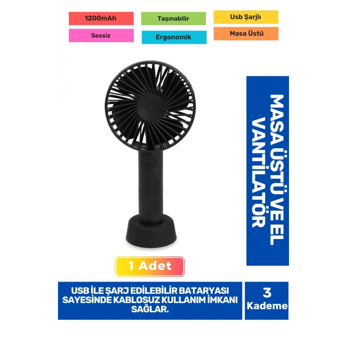 Sessiz 3 Kademeli Hafif Kablosuz 1200mAh Pervaneli Taşınabilir Usb Şarjlı Masa El Fanı Vantilatör