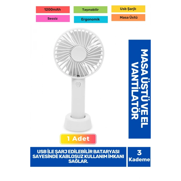 Sessiz 3 Kademeli Hafif Kablosuz 1200mAh Pervaneli Taşınabilir Usb Şarjlı Masa El Fanı Vantilatör