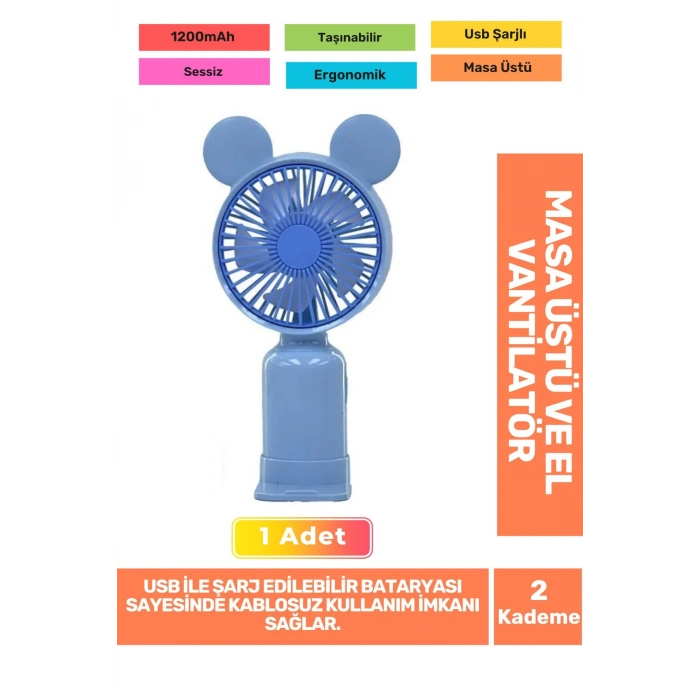 Sessiz 2 Kademeli Hafif Kablosuz 1200mAh Pervaneli Taşınabilir Usb Şarjlı Masa El Fanı Vantilatör