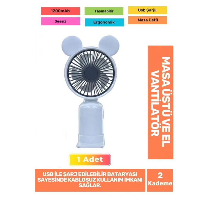 Sessiz 2 Kademeli Hafif Kablosuz 1200mAh Pervaneli Taşınabilir Usb Şarjlı Masa El Fanı Vantilatör
