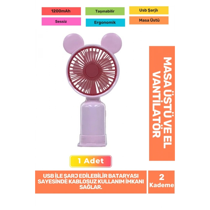 Sessiz 2 Kademeli Hafif Kablosuz 1200mAh Pervaneli Taşınabilir Usb Şarjlı Masa El Fanı Vantilatör